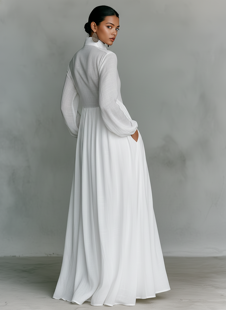 Vestido Maxi Minimalista de Algodón y Lino con Paneles de Patchwork, Cuello Alto y Mangas Largas