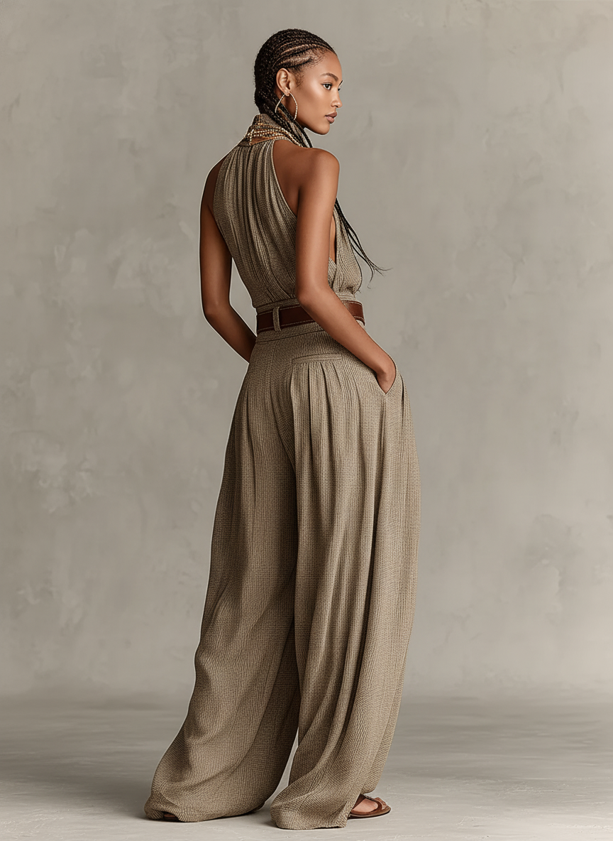 Mono de Algodón Mezclado Taupe para Mujer con Cuello Americano y Silueta de Pierna Ancha, Estilo Boho-Élegante Atemporal (Sin Cintura)