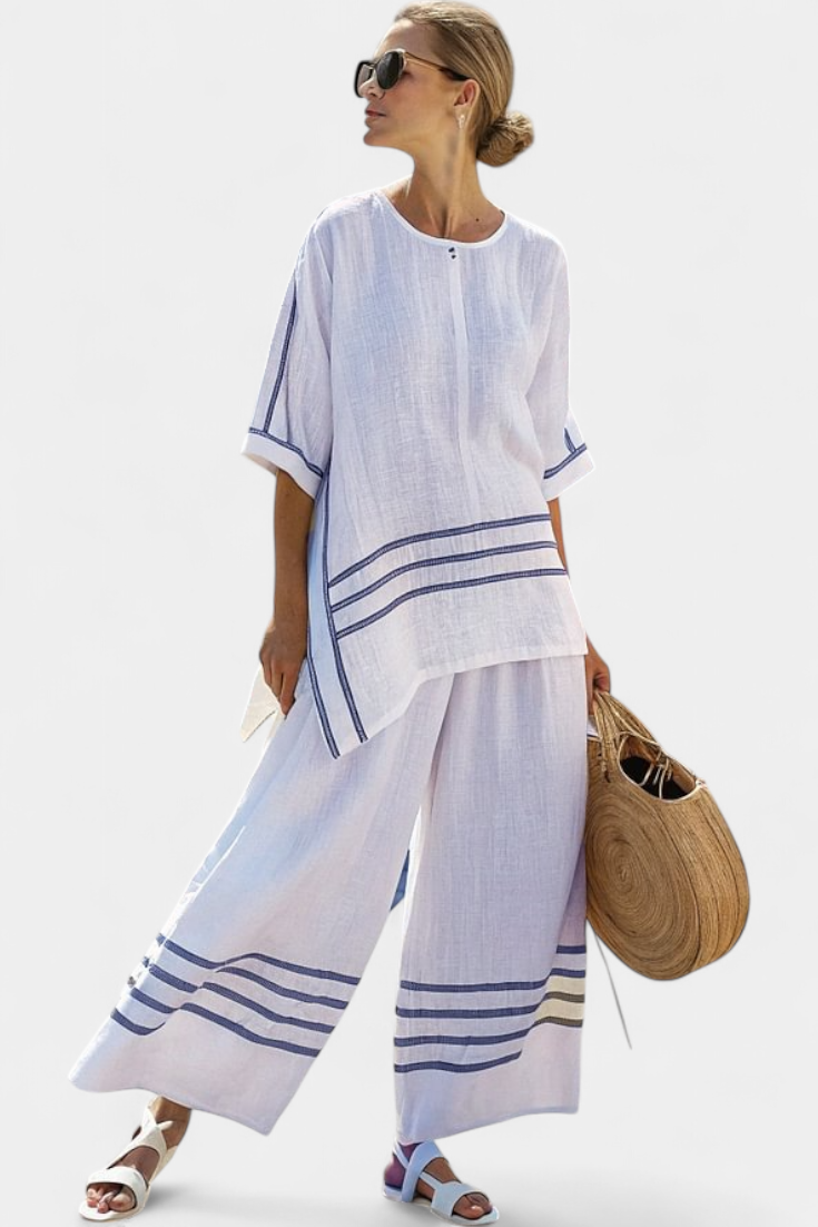 Conjunto Chic a Rayas - Pantalón Largo y Blusa Asimétrica para Mujer