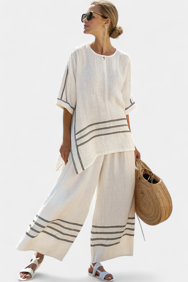 Conjunto Chic a Rayas - Pantalón Largo y Blusa Asimétrica para Mujer