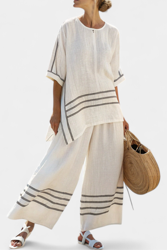 Conjunto Chic a Rayas - Pantalón Largo y Blusa Asimétrica para Mujer