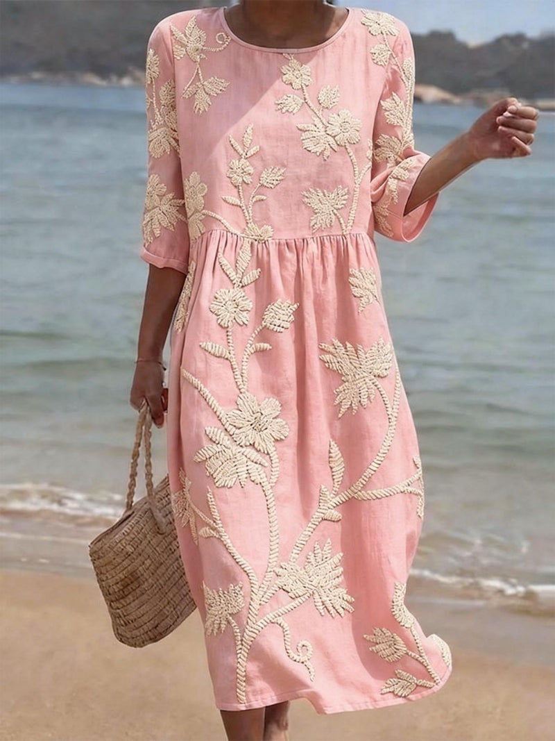 Vestido Midi Fluido con Bordados Florales - Colección Vintage Elegante