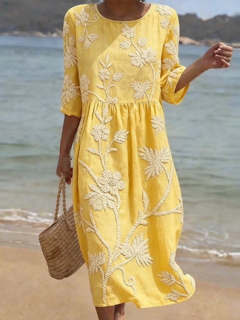 Vestido Midi Fluido con Bordados Florales - Colección Vintage Elegante