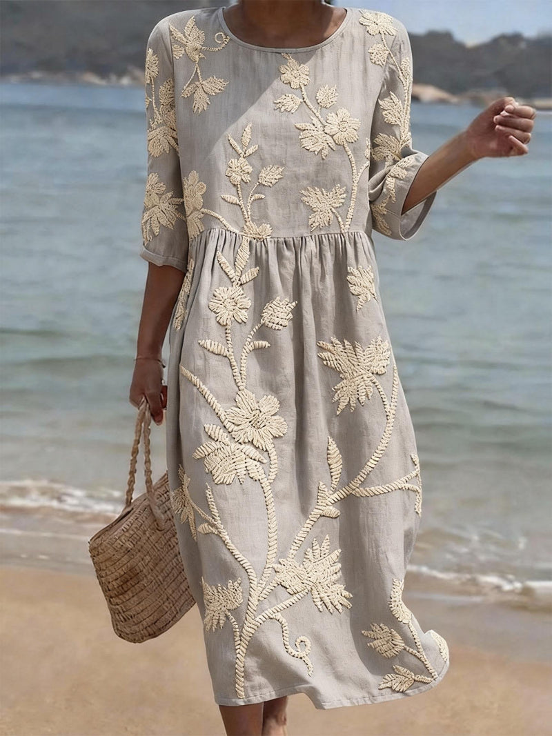 Vestido Midi Fluido con Bordados Florales - Colección Vintage Elegante