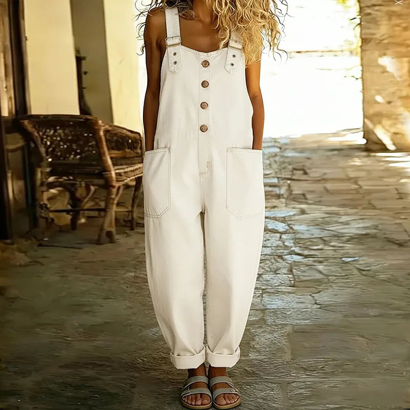 Mara - Pantalón Salopette de Look Denim Vintage en Algodón Suave con Tirantes Ajustables