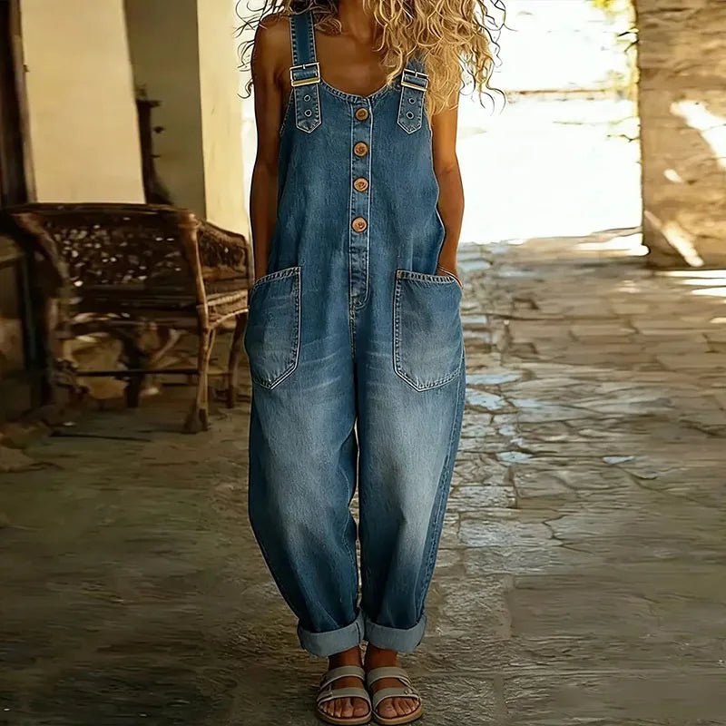 Mara - Pantalón Salopette de Look Denim Vintage en Algodón Suave con Tirantes Ajustables
