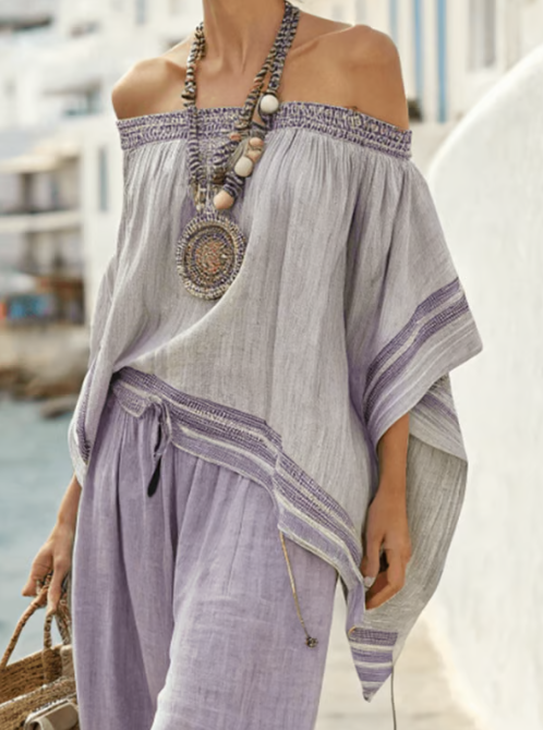 Conjunto de Lino de Dos Piezas con Diseño Off-Shoulder
