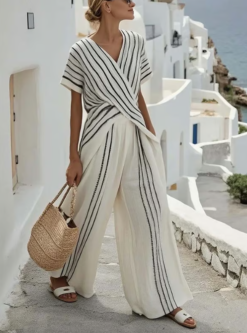 Conjunto de lino de dos piezas con cintura cruzada