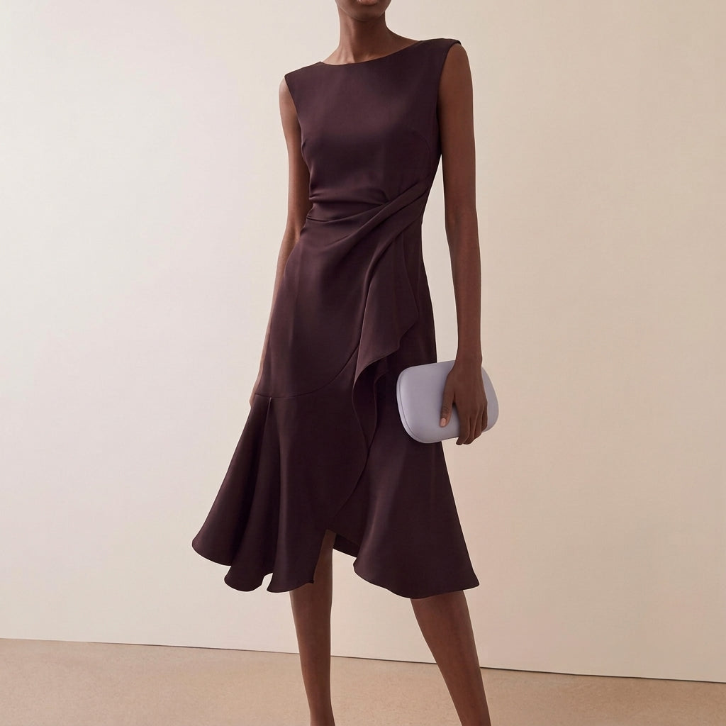Vestido midi asimétrico drapeado de mujer