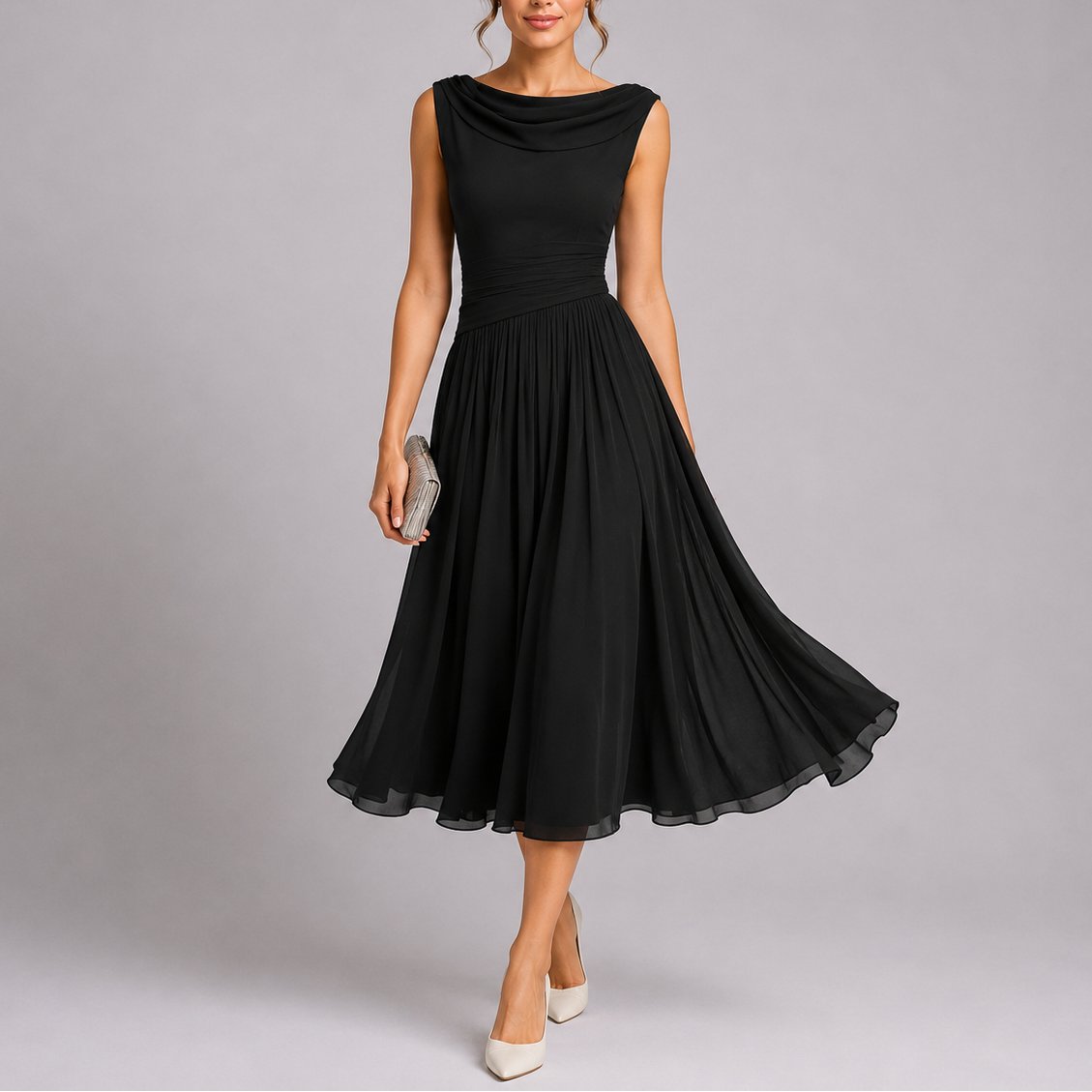 Vestido midi elegante de mujer plisado con escote drapeado