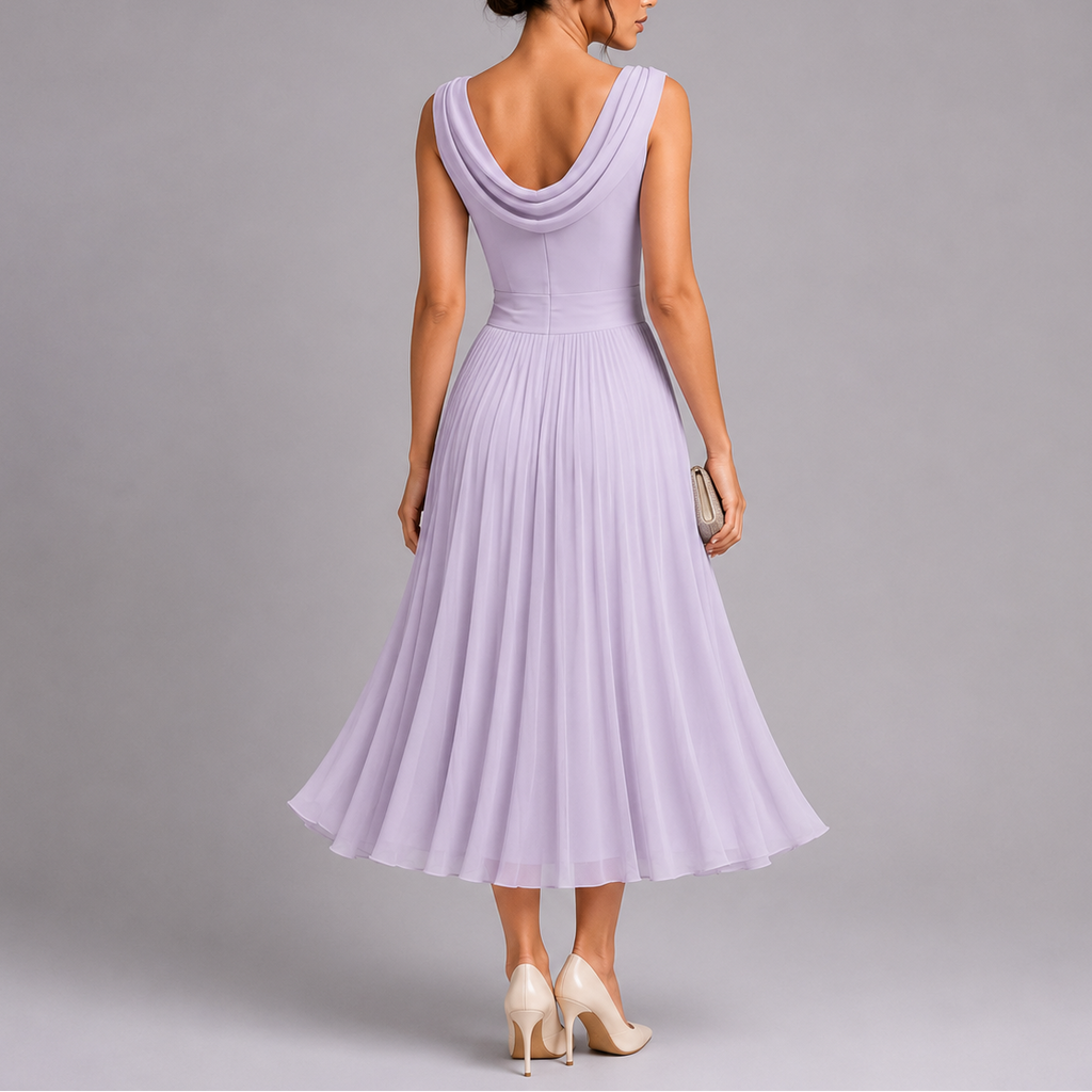 Vestido midi elegante de mujer plisado con escote drapeado