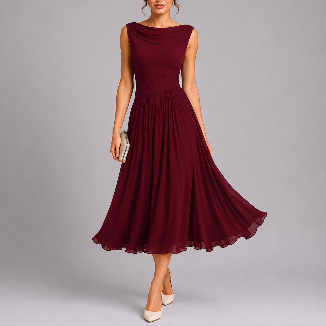 Vestido midi elegante de mujer plisado con escote drapeado