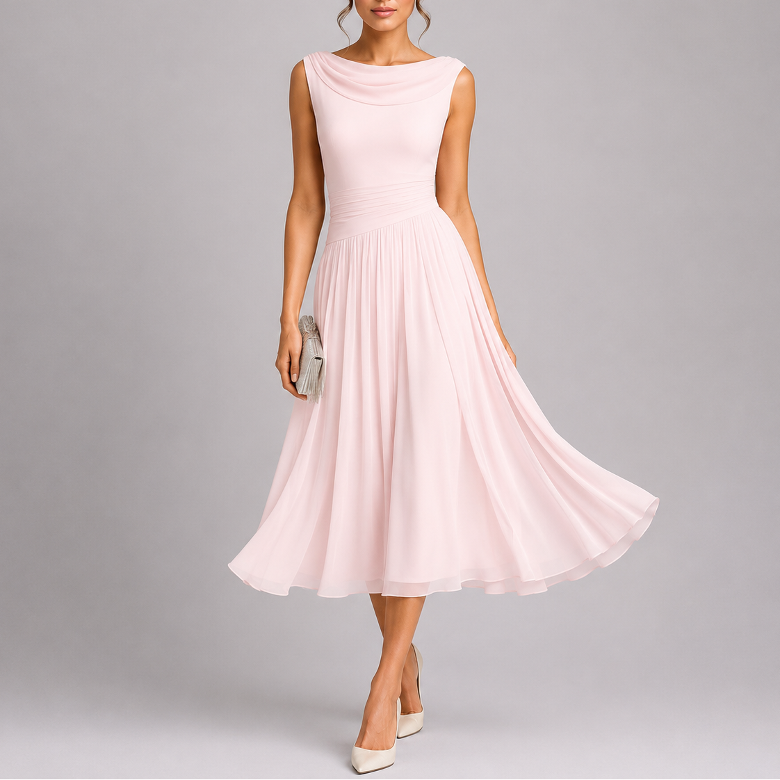 Vestido midi elegante de mujer plisado con escote drapeado