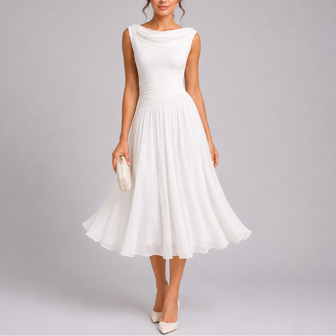 Vestido midi elegante de mujer plisado con escote drapeado
