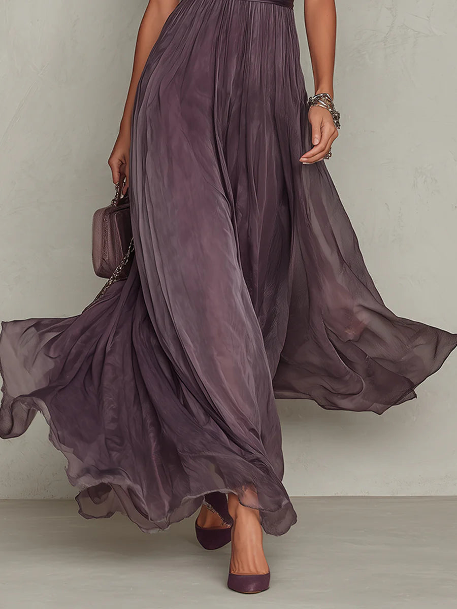 Flavia • Vestido largo violeta con escote en forma de llave, borde de encaje de chiffon