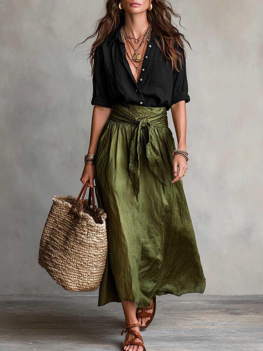 Vera – Conjunto de dos piezas: camiseta negra y falda midi verde olivo