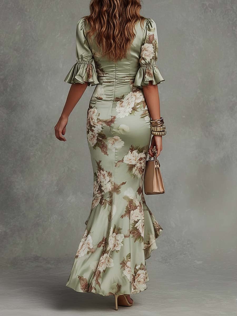 Anna - Vestido largo asimétrico de satén verde con escote en V, mangas de campana con volantes y motivo floral