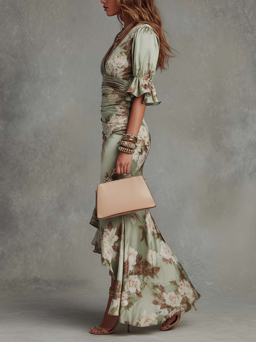 Anna - Vestido largo asimétrico de satén verde con escote en V, mangas de campana con volantes y motivo floral