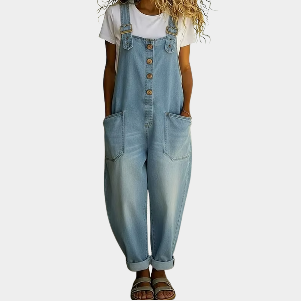 Mara - Pantalón Salopette de Look Denim Vintage en Algodón Suave con Tirantes Ajustables