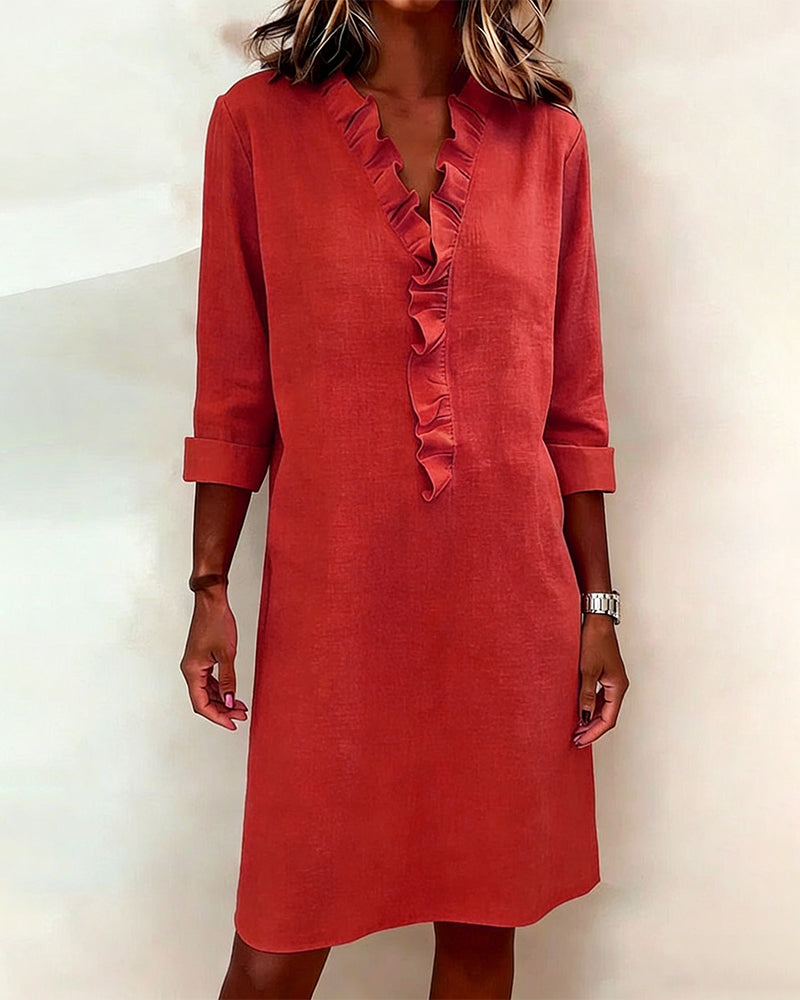 Vestido Sólido con Volantes y Cuello en V