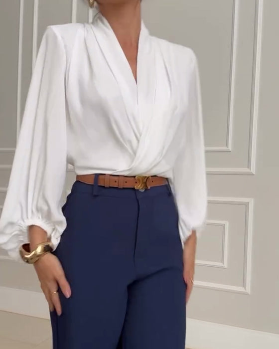 Blusa de Manga Lámpara en Color Sólido con Escote en V