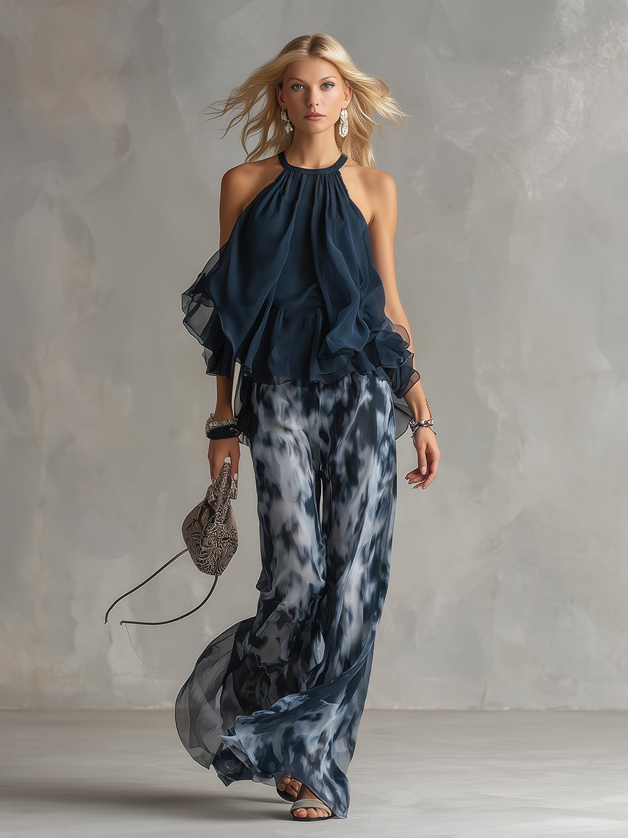 Ludovica | Top Halter Elegante Azul Marino y Conjunto de Pantalones Amplios Estampados