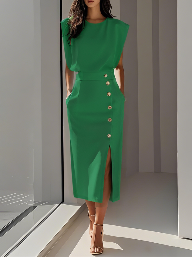 Malene™ | Vestido Midi Sólido con Abertura de Botón y Escote Redondo