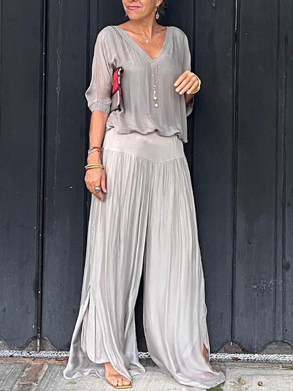 ESMERALDA – CONJUNTO DE PANTALONES ANCHOS DE CHIFFON ELEGANTE DE DOS PIEZAS