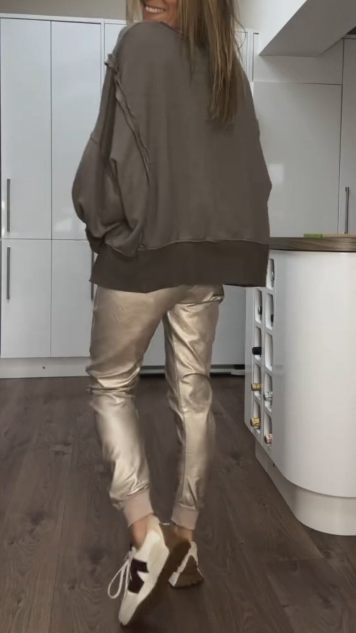 Top Casual de Cuello Redondo para Mujer + Pantalones de Cuero