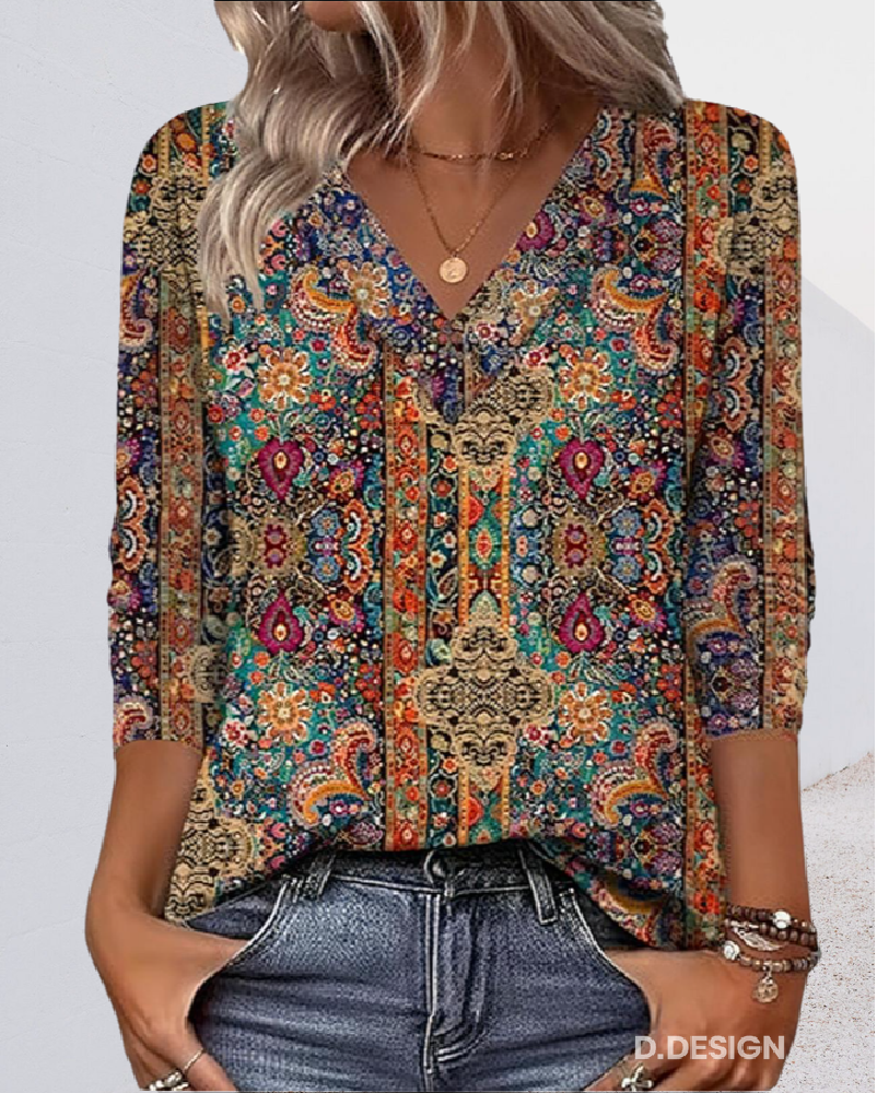 Blusa Retro Estampada V-Cuello