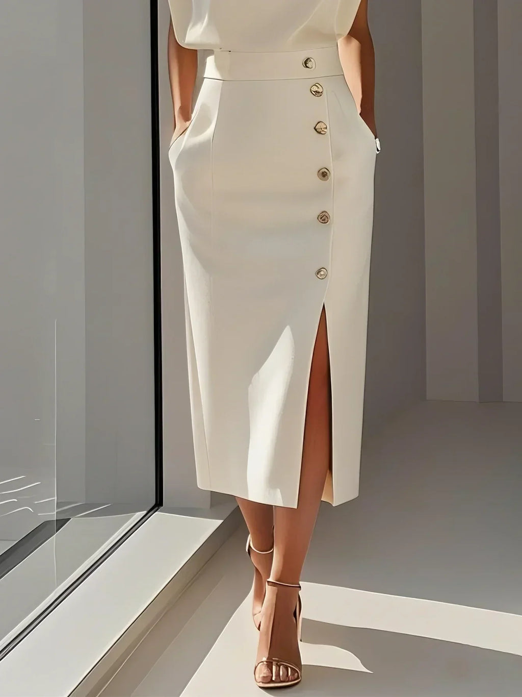 Malene™ | Vestido Midi Sólido con Abertura de Botones y Escote Redondo