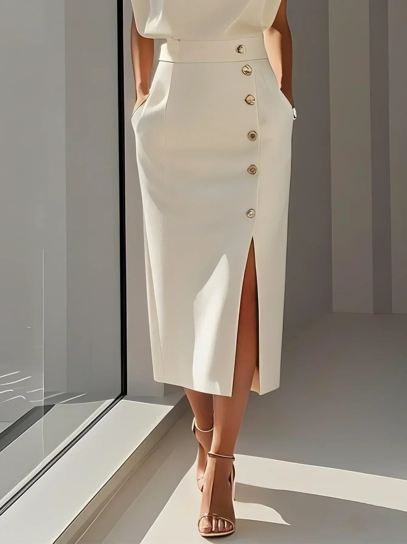 Malene™ | Vestido Midi Sólido con Abertura de Botón y Escote Redondo