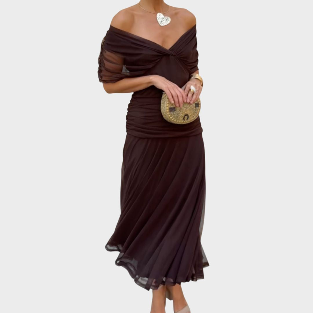 Vestido largo floral de mujer para invitadas de boda con escote de hombros descubiertos y cintura fruncida