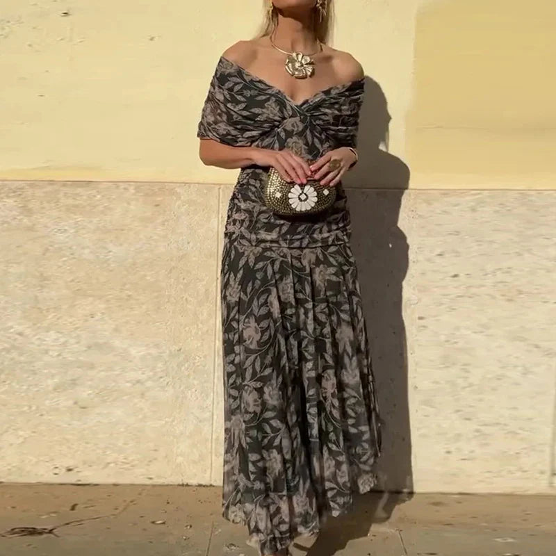 Vestido largo floral de mujer para invitadas de boda con escote de hombros descubiertos y cintura fruncida