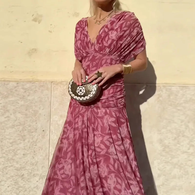 Vestido largo floral de mujer para invitadas de boda con escote de hombros descubiertos y cintura fruncida
