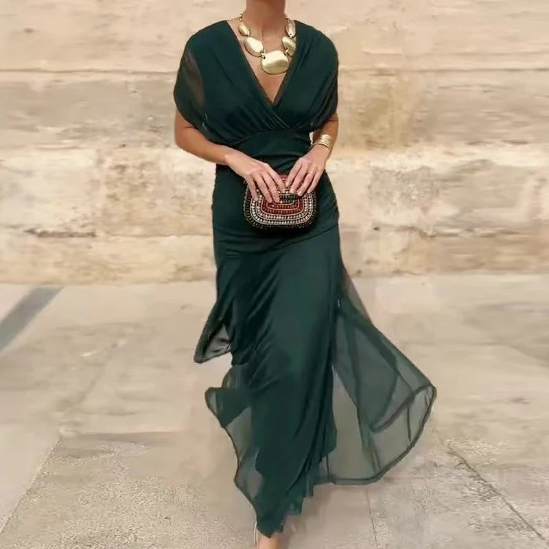 Vestido largo floral de mujer para invitadas de boda con escote de hombros descubiertos y cintura fruncida