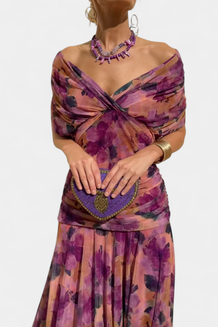 Vestido largo floral de mujer para invitadas de boda con escote de hombros descubiertos y cintura fruncida