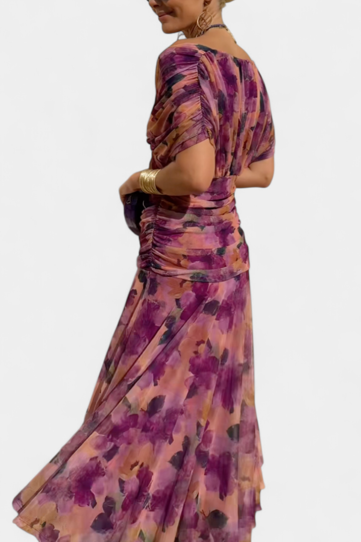 Vestido largo floral de mujer para invitadas de boda con escote de hombros descubiertos y cintura fruncida