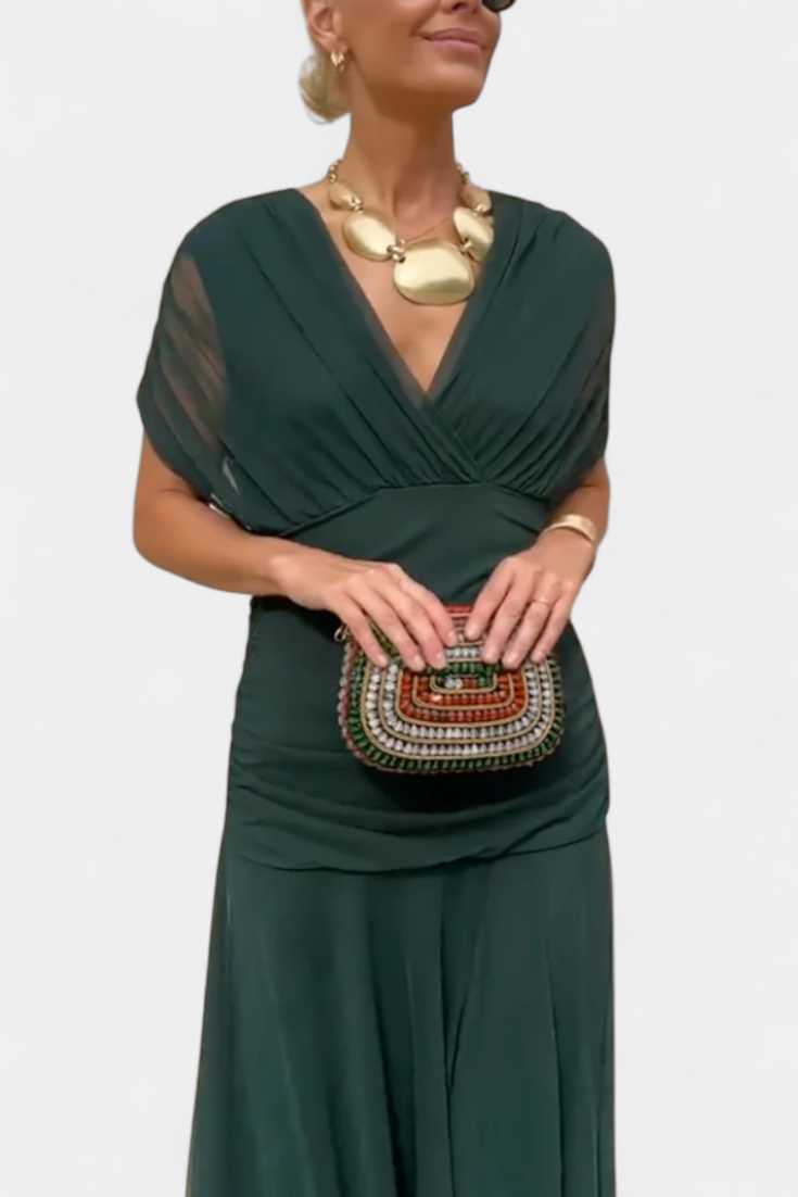Vestido largo floral de mujer para invitadas de boda con escote de hombros descubiertos y cintura fruncida