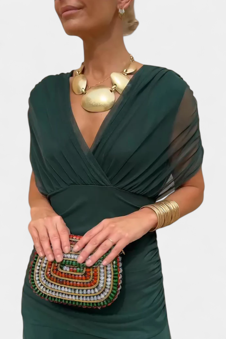 Vestido largo floral de mujer para invitadas de boda con escote de hombros descubiertos y cintura fruncida