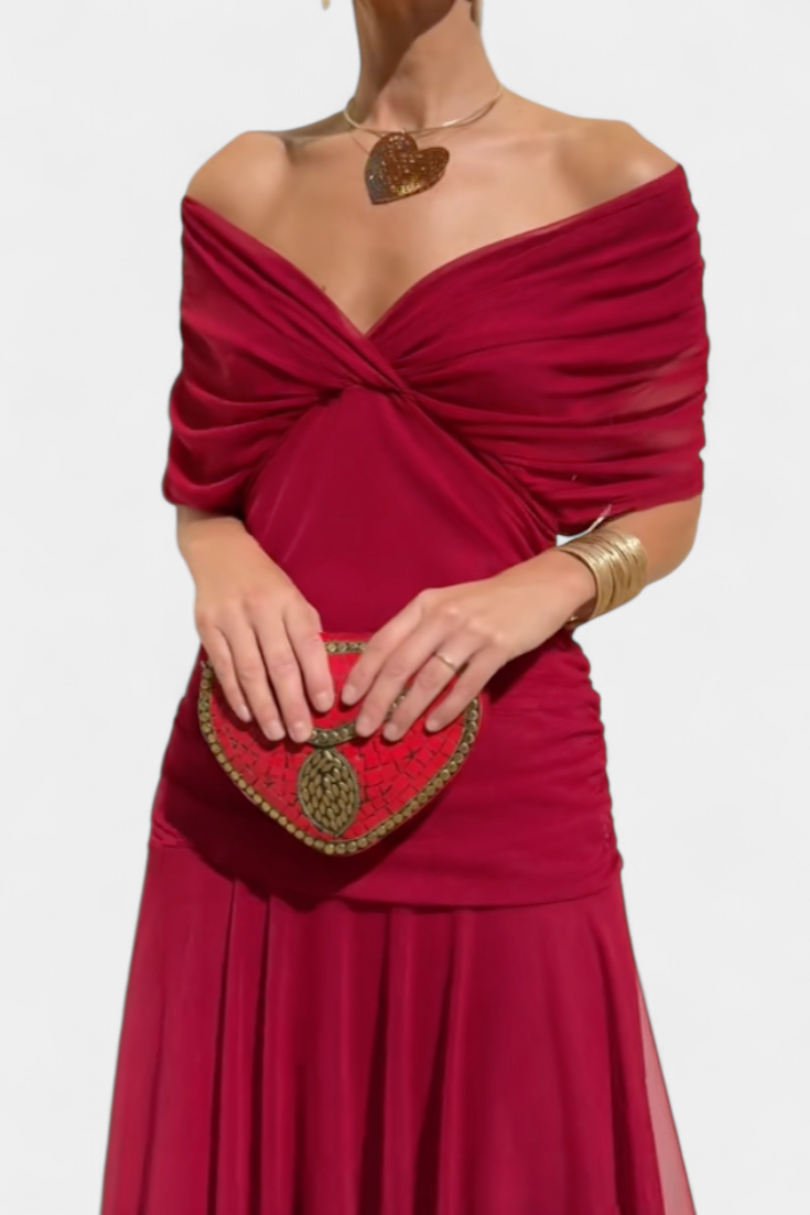 Vestido largo floral de mujer para invitadas de boda con escote de hombros descubiertos y cintura fruncida