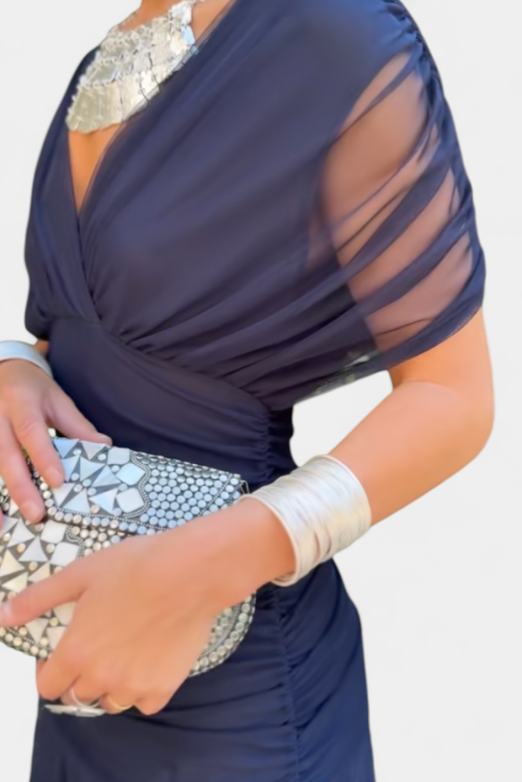 Vestido largo floral de mujer para invitadas de boda con escote de hombros descubiertos y cintura fruncida