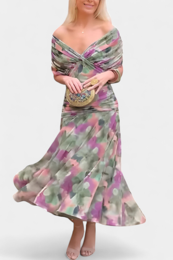 Vestido largo floral de mujer para invitadas de boda con escote de hombros descubiertos y cintura fruncida