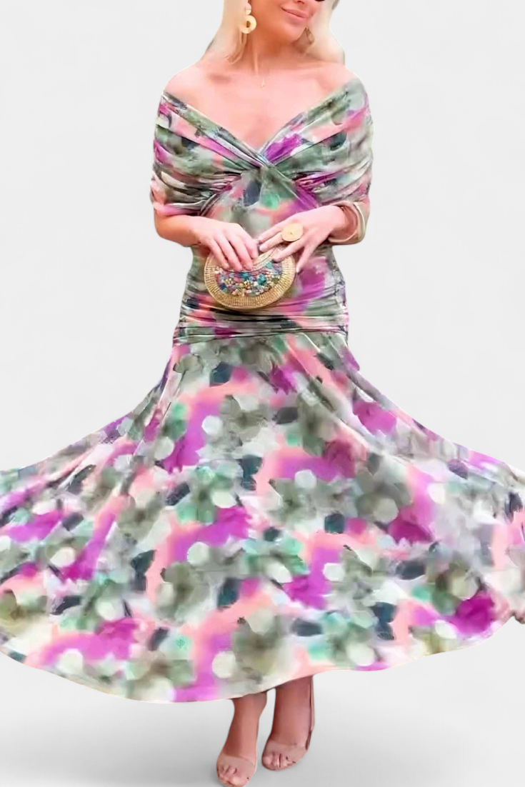 Vestido largo floral de mujer para invitadas de boda con escote de hombros descubiertos y cintura fruncida