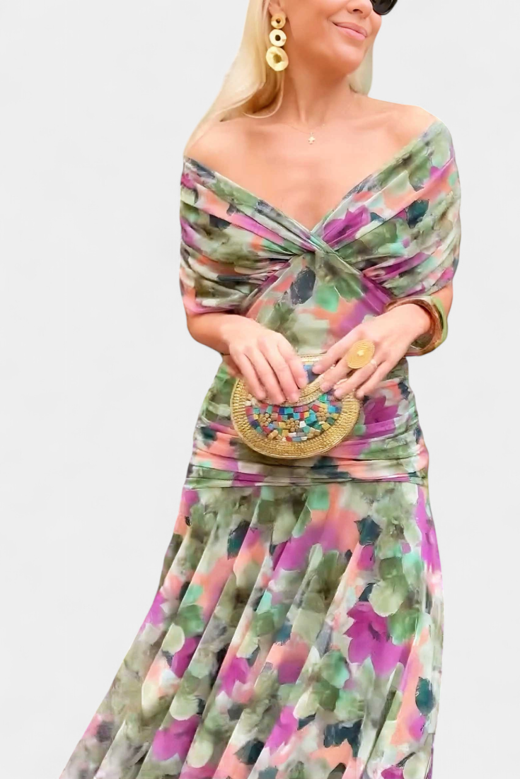 Vestido largo floral de mujer para invitadas de boda con escote de hombros descubiertos y cintura fruncida