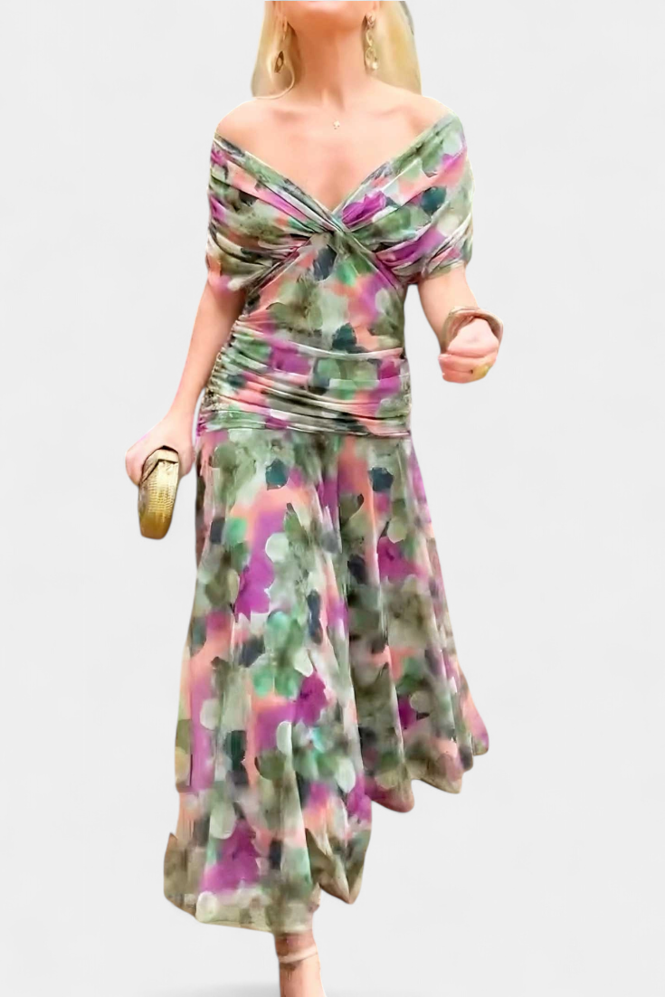 Vestido largo floral de mujer para invitadas de boda con escote de hombros descubiertos y cintura fruncida