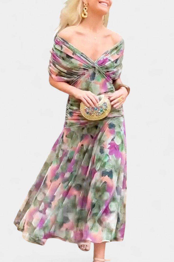 Vestido largo floral de mujer para invitadas de boda con escote de hombros descubiertos y cintura fruncida