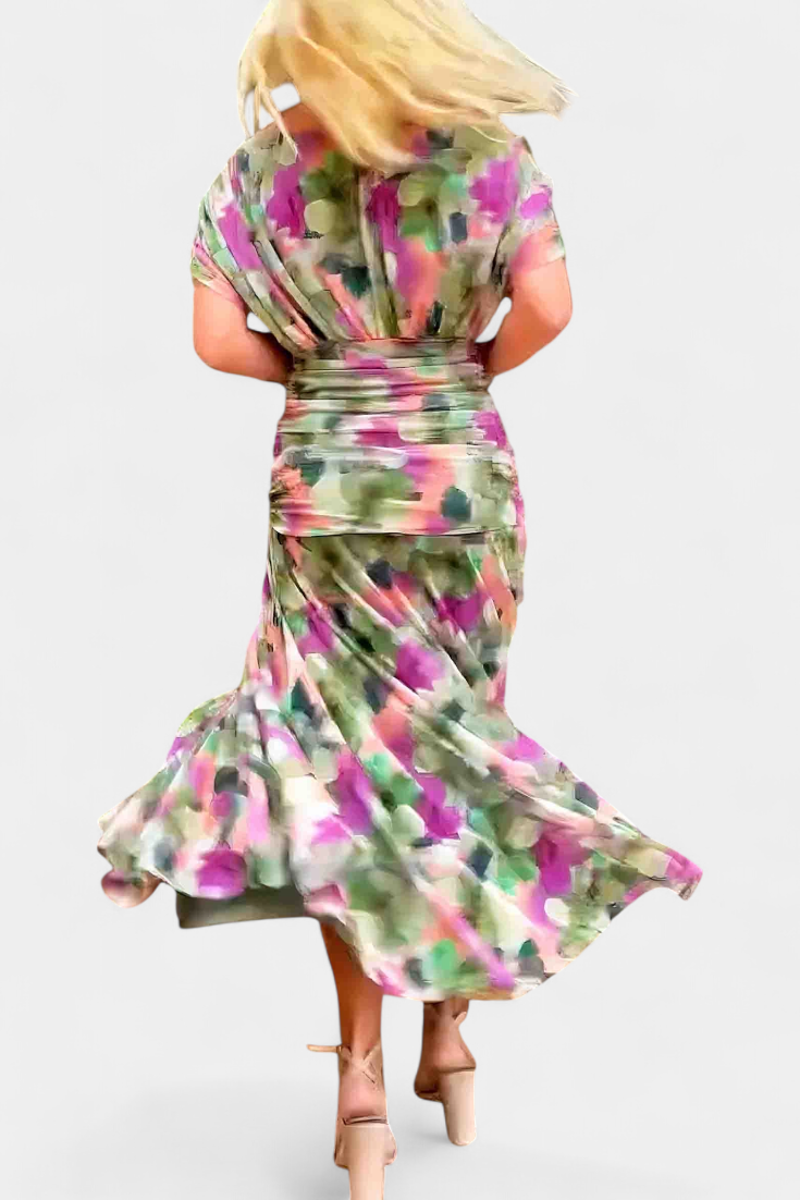 Vestido largo floral de mujer para invitadas de boda con escote de hombros descubiertos y cintura fruncida