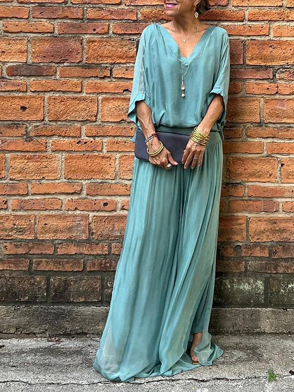 ESMERALDA – CONJUNTO DE PANTALONES ANCHOS DE CHIFFON ELEGANTE DE DOS PIEZAS