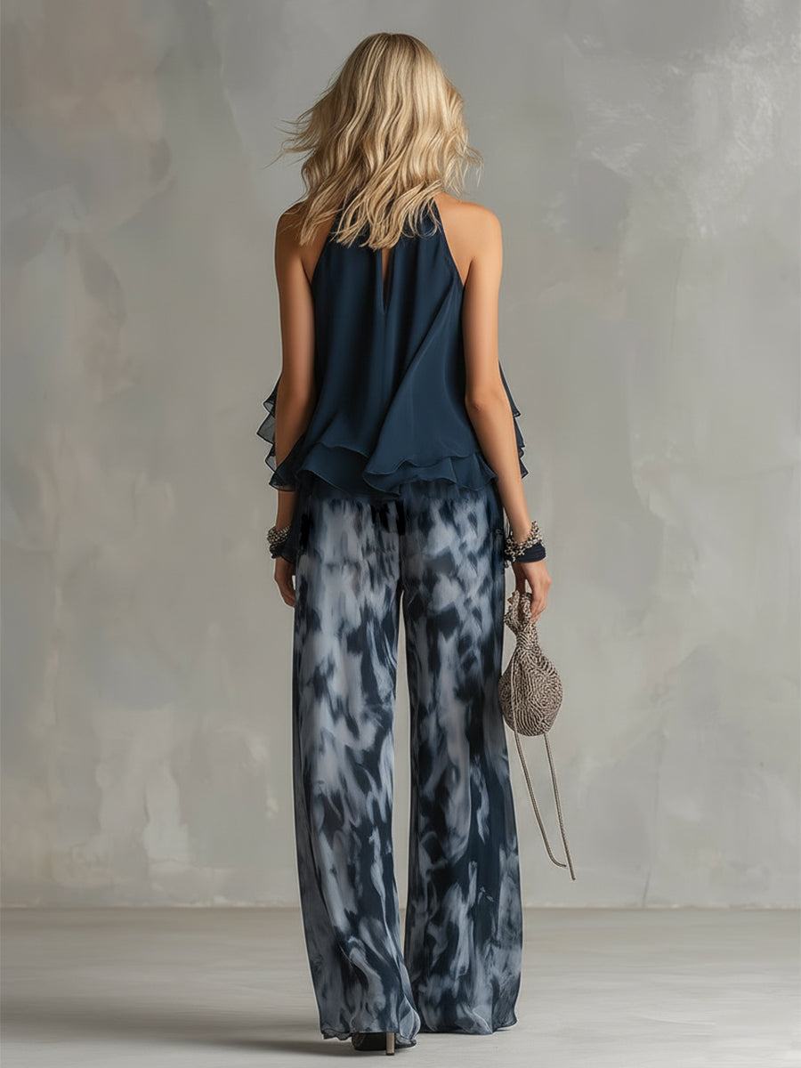 Ludovica | Top Halter Elegante Azul Marino y Conjunto de Pantalones Amplios Estampados